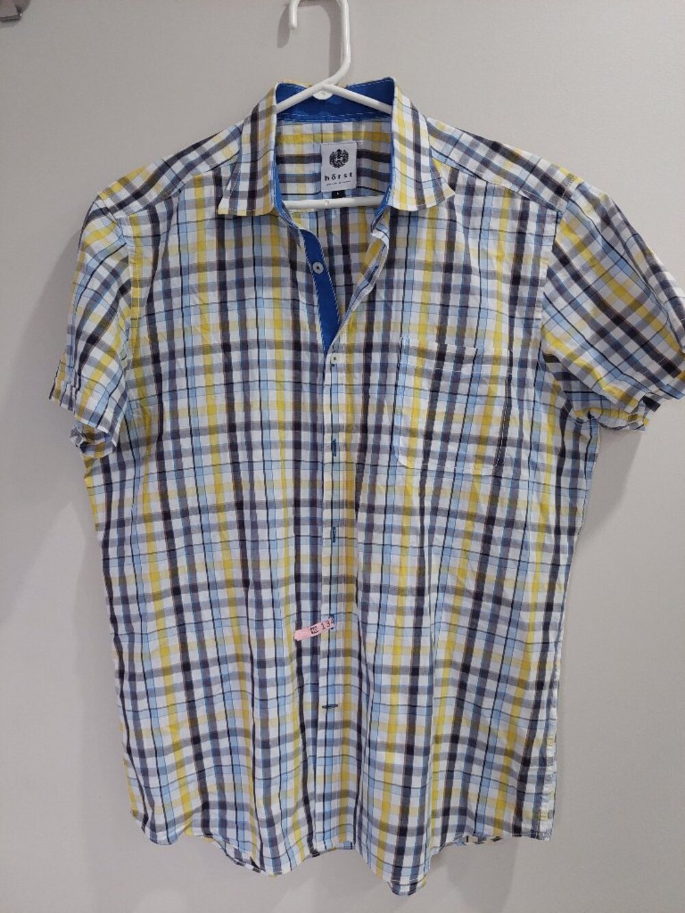 Horst Men's L Short Sleeve Button-down Plaid Shirt 100% Soft Cotton